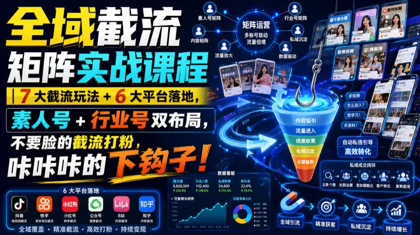 全域截流矩阵实战课程|7大截流玩法+6大平台落地,素人号+行业号双布局,不要脸的截流打粉,咔咔咔的下钩子!祝你网--专注互联网创业.信息差副业研究拒绝割韭菜祝你网
