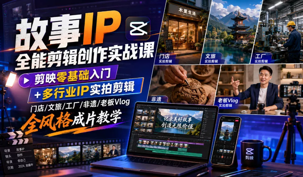 9c5425e7175741734c16c08fd8cce757.webp 故事IP全能剪辑创作实战课|剪映零基础入门+多行业IP实拍剪辑,门店/文旅/工厂/非遗/老板Vlog全风格成片教学
