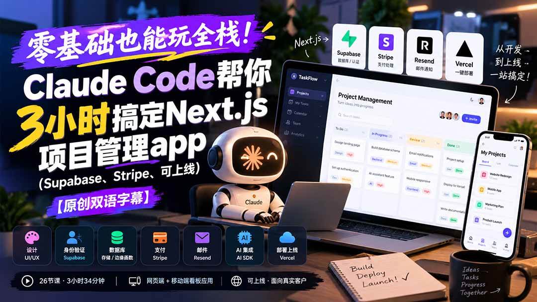 9c691e018fed4edbb20a9f9c25a31076.jpeg (20907期)零基础也能玩全栈!Claude Code帮你3小时搞定Next.js项目管理app(Supabase、Stripe、可上线)【原创双语字幕】