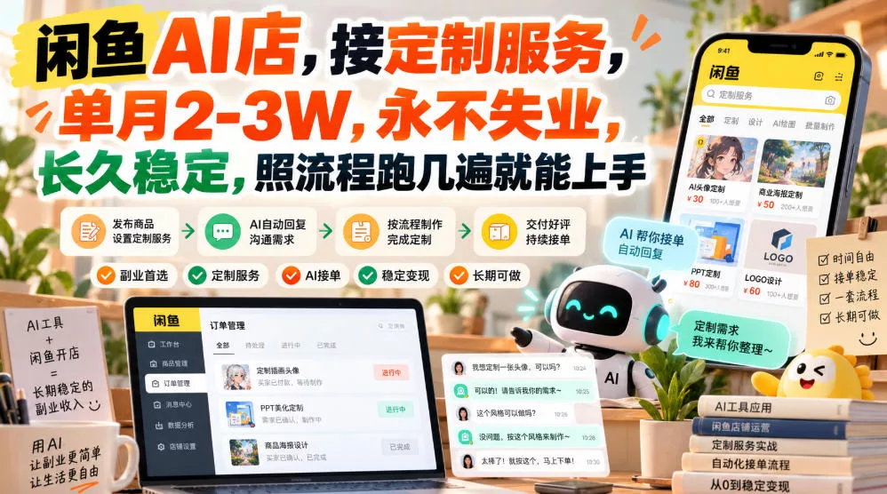 闲鱼AI店,接定制服务,单月2-3W,永不失业,长久稳定,照流程跑几遍就能上手祝你网--专注互联网创业.信息差副业研究拒绝割韭菜祝你网
