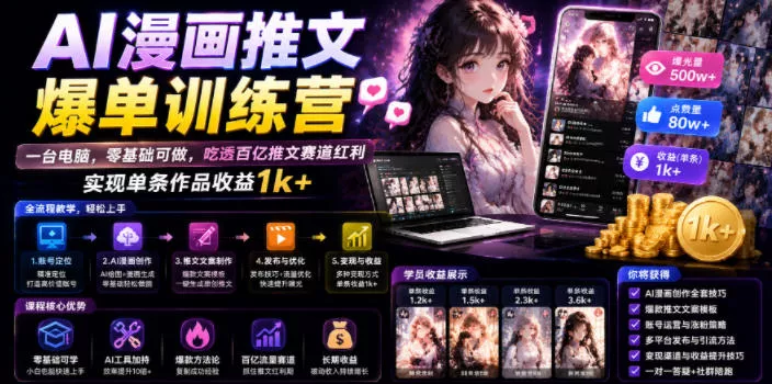 9cd4b2f7fa4bfe93b32d29624d2bf274.webp AI漫画推文爆单训练营,一台电脑,零基础可做,吃透百亿推文赛道红利,实现单条作品收益1k+
