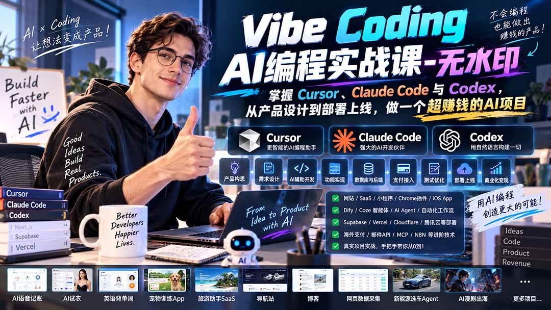 9ce03545e0566ff4afb8f29860c5cdbc.jpeg (20431期)Vibe Coding AI编程实战课-无水印:掌握Cursor、Claude Code与Codex,从产品设计到部署上线,做一个超赚钱的AI项目