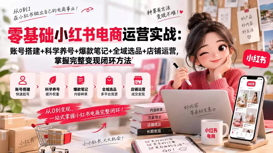 零基础小红书电商运营实战：账号搭建+科学养号+爆款笔记+全域选品+店铺运营，掌握完整变现闭环方法祝你网--专注互联网创业.信息差副业研究拒绝割韭菜祝你网