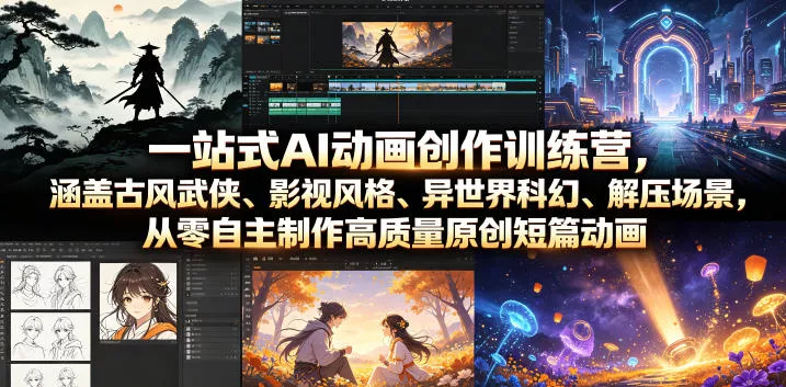 一站式AI动画创作训练营，涵盖古风武侠、影视风格、异世界科幻、解压场景，从零自主制作高质量原创短篇动画祝你网--专注互联网创业.信息差副业研究拒绝割韭菜祝你网