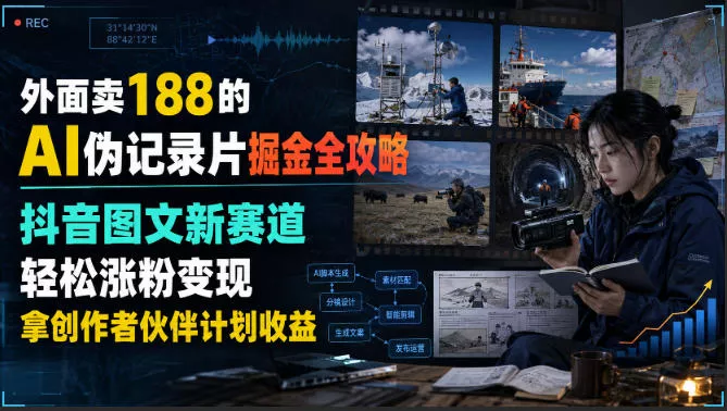 9d94cb2473ff7cd40cc1e69d27c84e58.webp 外面卖188的AI伪记录片掘金全攻略,抖音图文新赛道,轻松涨粉变现,拿创作者伙伴计划收益【文档】