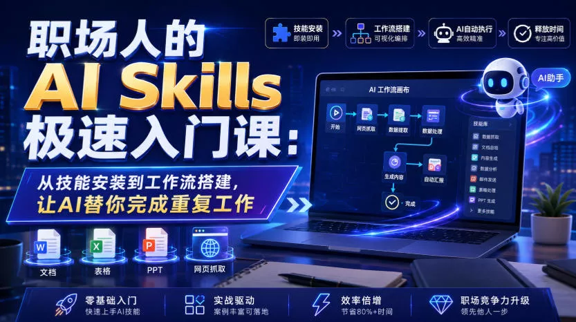 9e4d40b2aef45973397d2c6d21878dbc.webp 职场人的AI Skills极速入门课:从技能安装到工作流搭建,让AI替你完成重复工作