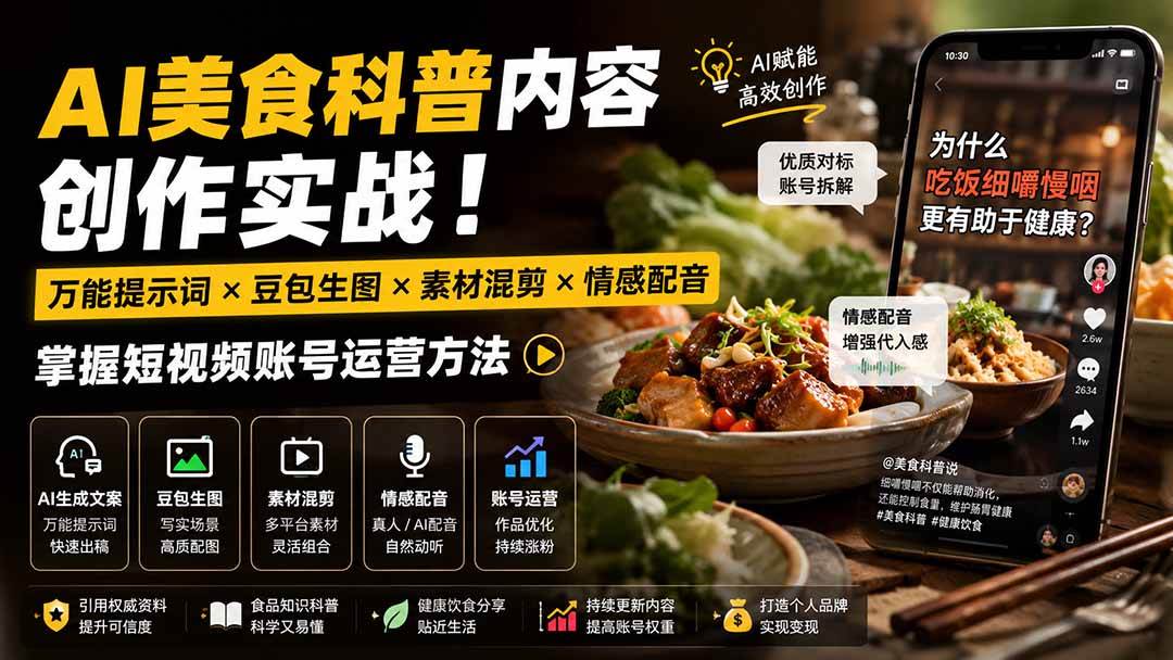 (19730期)外面卖199元-AI美食科普内容创作实战!万能提示词×豆包生图×素材混剪×情感配音,掌握短视频账号运营方法祝你网--专注互联网创业.信息差副业研究拒绝割韭菜祝你网