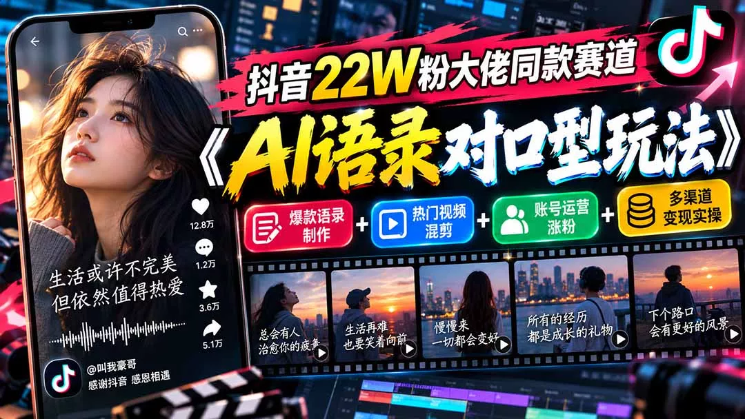 抖音22W粉大佬同款赛道《AI语录对口型玩法》：爆款语录制作+热门视频混剪+账号运营涨粉+多渠道变现实操