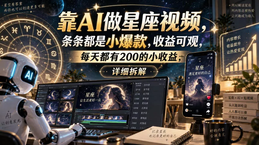 靠AI做星座视频,条条都是小爆款,收益可观,每天都有200的小收益,详细拆解祝你网--专注互联网创业.信息差副业研究拒绝割韭菜祝你网