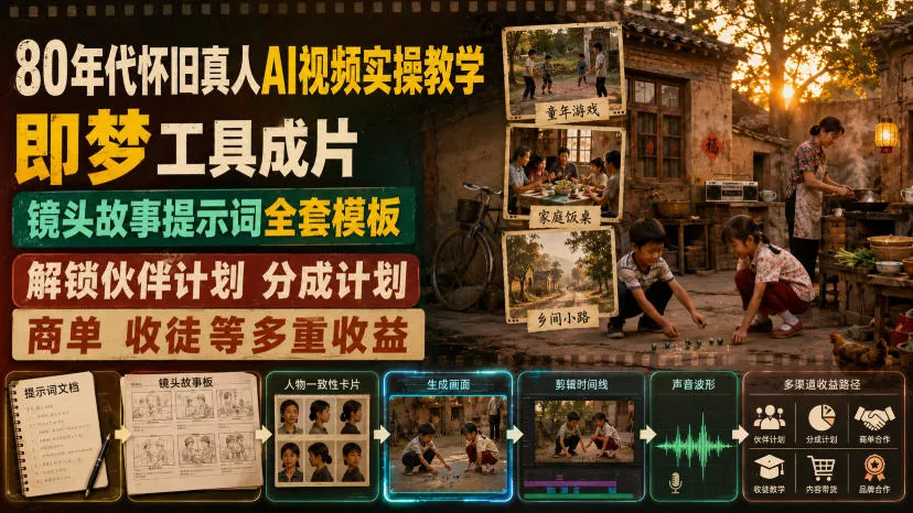 9ec5dd09288289aa34df1ea2b74d676e.webp 80年代怀旧真人AI视频实操教学,即梦工具成片、镜头故事提示词全套模板,解锁伙伴计划分成计划商单收徒等多重收益
