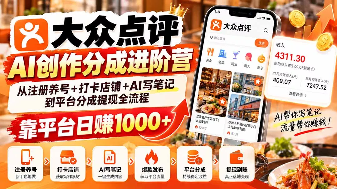 9f27316fd1afe88a48d56893ad906d16.webp 大众点评AI创作分成进阶营:从注册养号+打卡店铺+AI写笔记到平台分成提现全流程,靠平台日赚1000+