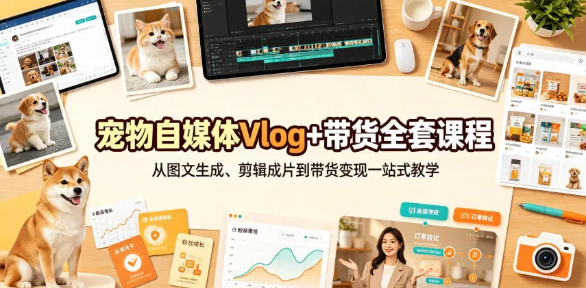 9f382357ec56f20395746ad769169295.webp 宠物自媒体Vlog+带货全套课程|从图文生成、剪辑成片到带货变现一站式教学