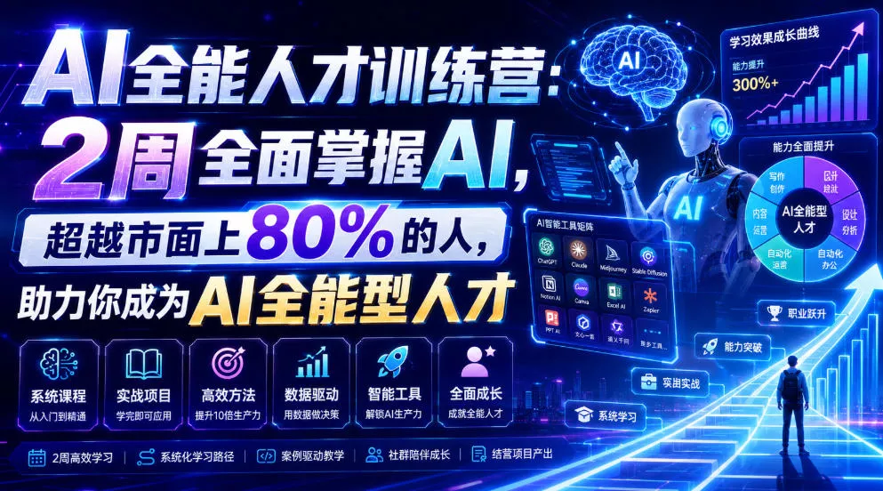 9f56d471b6dc57d295a2dd49e95e5c48.webp AI全能人才训练营:2周全面掌握AI,超越市面上80%的人,助力你成为AI全能型人才