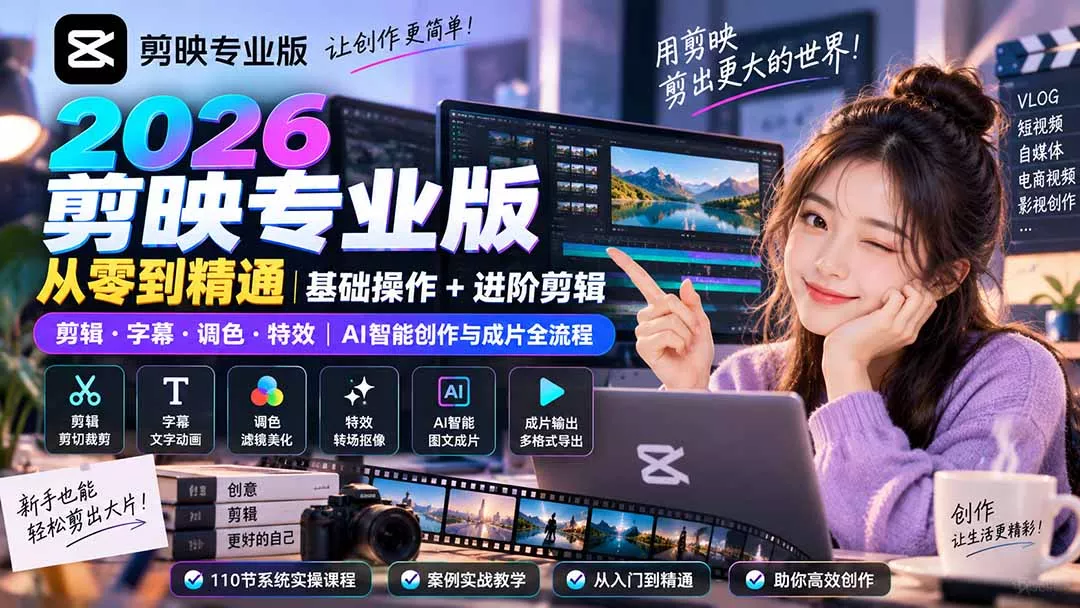 9f5aa7010e6fd49a4781ee863ba2cd7b.webp 2026剪映专业版从零到精通|基础操作+进阶剪辑|剪辑·字幕·调色·特效|AI智能创作与成片全流程