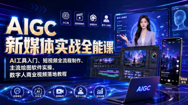 AIGC新媒体实战全能课|AI工具入门、短视频全流程制作、主流绘图软件实操、数字人商业视频落地教程祝你网--专注互联网创业.信息差副业研究拒绝割韭菜祝你网