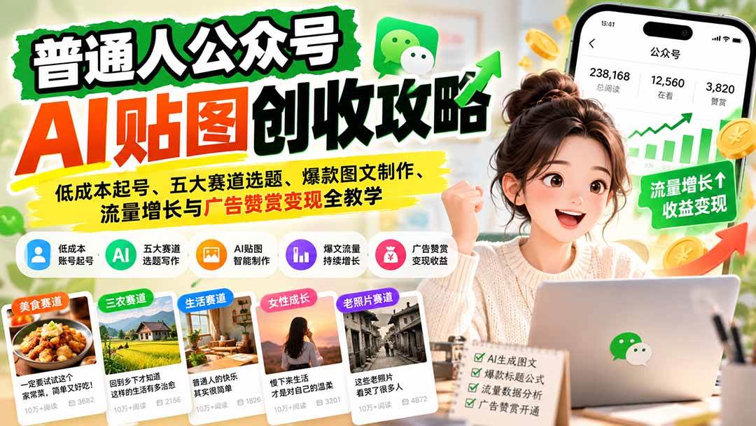 9feb9f81705e2bd5200098c0955c77e7.jpeg (20972期)普通人公众号AI贴图创收攻略:低成本起号、五大赛道选题、爆款图文制作、流量增长与广告赞赏变现全教学