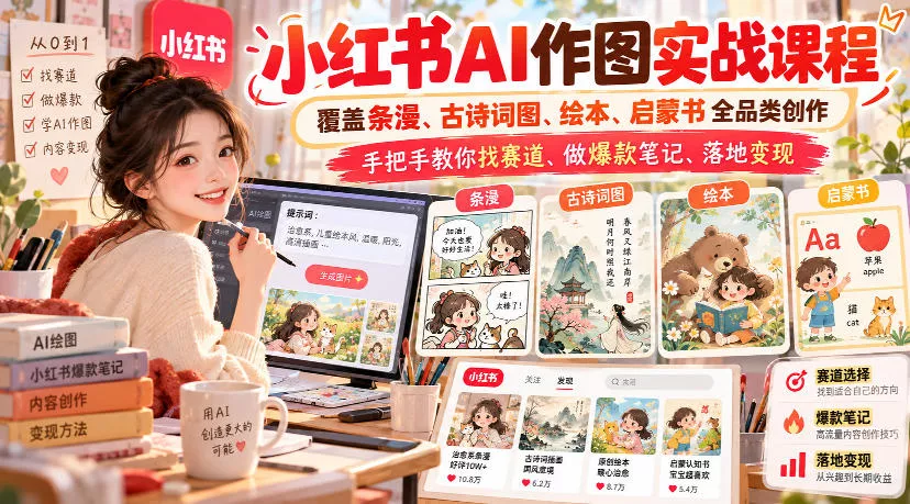 小红书AI作图实战课程，覆盖条漫、古诗词图、绘本、启蒙书全品类创作，手把手教你找赛道、做爆款笔记、落地变现祝你网--专注互联网创业.信息差副业研究拒绝割韭菜祝你网