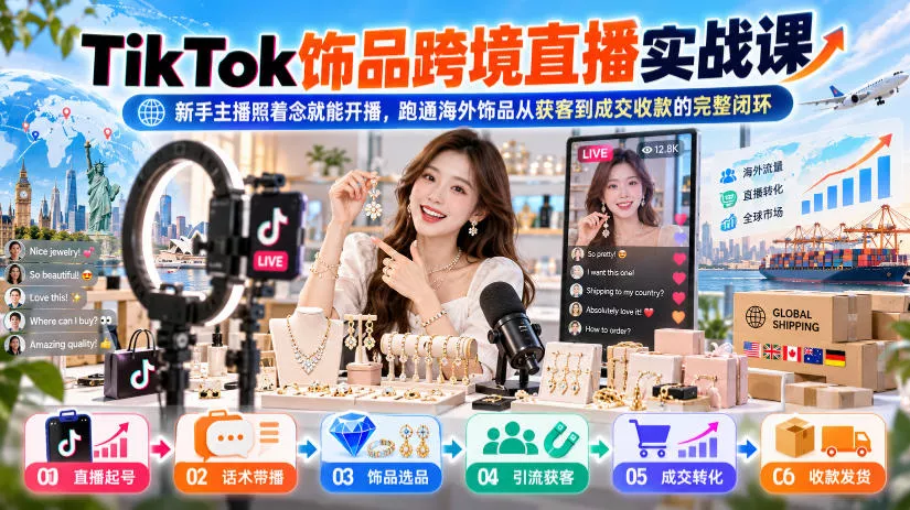 a0dc3d57b705f313da3998da3604c50f.webp TikTok饰品跨境直播实战课,新手主播照着念就能开播,跑通海外饰品从获客到成交收款的完整闭环