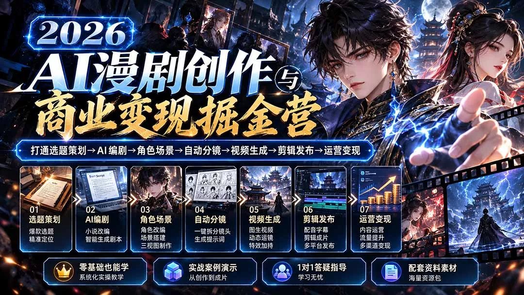 a0e6b050d8a73fbbb5c102c45011e02b.webp 【无水印】2026AI漫剧创作与商业变现掘金营:打通选题→AI编剧→角色场景→自动分镜→视频生成→剪辑发布→运营变现