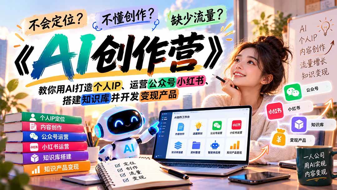 （21088期）不会定位、不懂创作、缺少流量？《AI创作营》教你用AI打造个人IP、运营公众号小红书、搭建知识库并开发变现产品