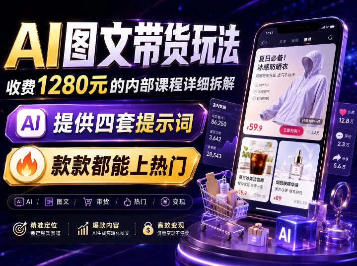 a12c4fd11f45f5f5f7812ad314168f2f.webp AI图文带货内部玩法,1280内部课程对外系统拆解,看完直接上手变现!