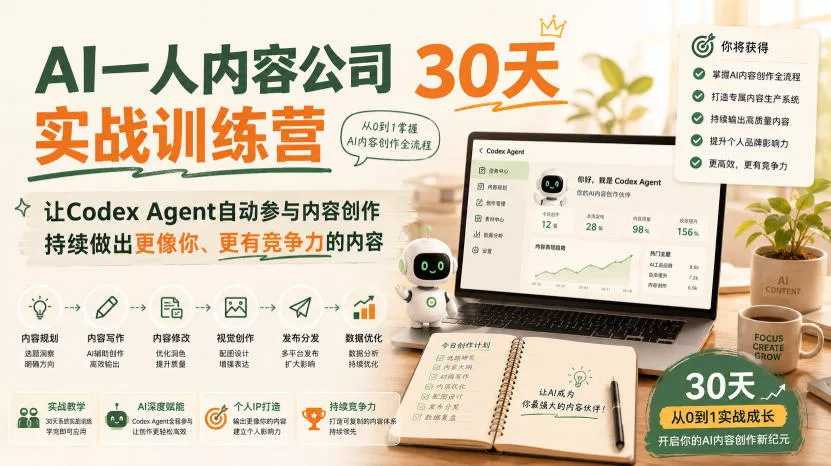 a1770df61b256bf4cbc4a15a29c43b05.webp AI一人内容公司30天实战训练营,让Codex Agent自动参与内容创作持续做出更像你、更有竞争力的内容