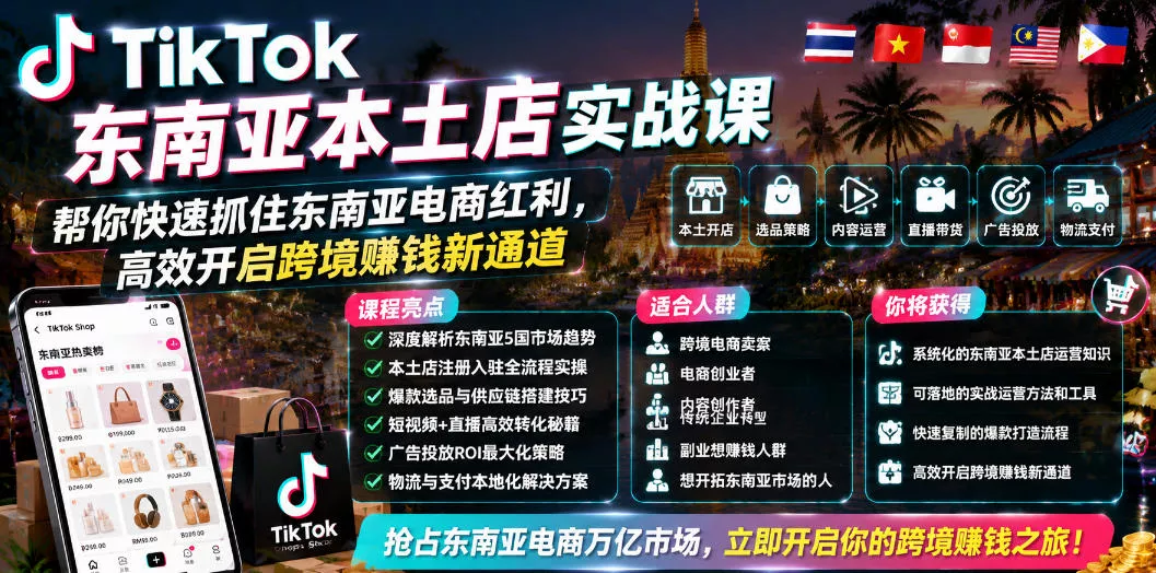 TikTok东南亚本土店实战课，帮你快速抓住东南亚电商红利，高效开启跨境賺钱新通道祝你网--专注互联网创业.信息差副业研究拒绝割韭菜祝你网