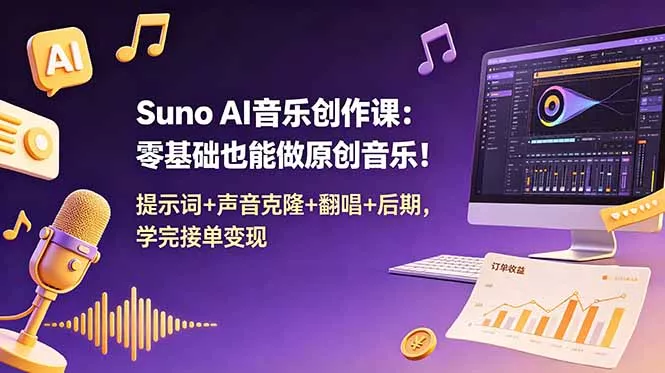 Suno AI音乐创作课：零基础也能做原创音乐！提示词+声音克隆+翻唱+后期，学完接单变现祝你网--专注互联网创业.信息差副业研究拒绝割韭菜祝你网
