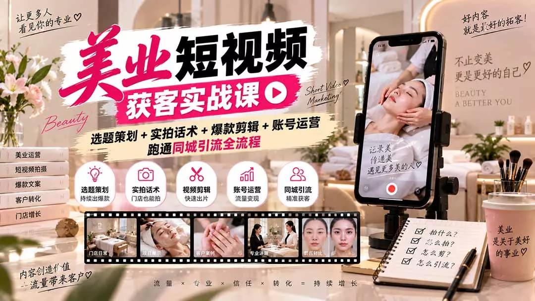 a2eaef8f7a20b133e6b8b9f1a9e84010.webp 美业短视频获客实战课-无水印:选题策划+实拍话术+爆款剪辑+账号运营,跑通同城引流全流程