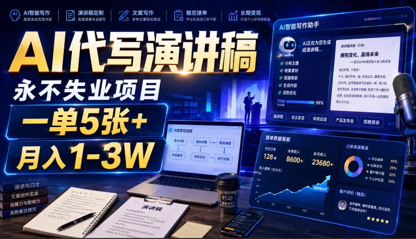 a337020a5afa28f6f68df00c4c82fc54.webp AI代写演讲稿,永不失业项目,一单5张+,月入1-3W【揭秘】