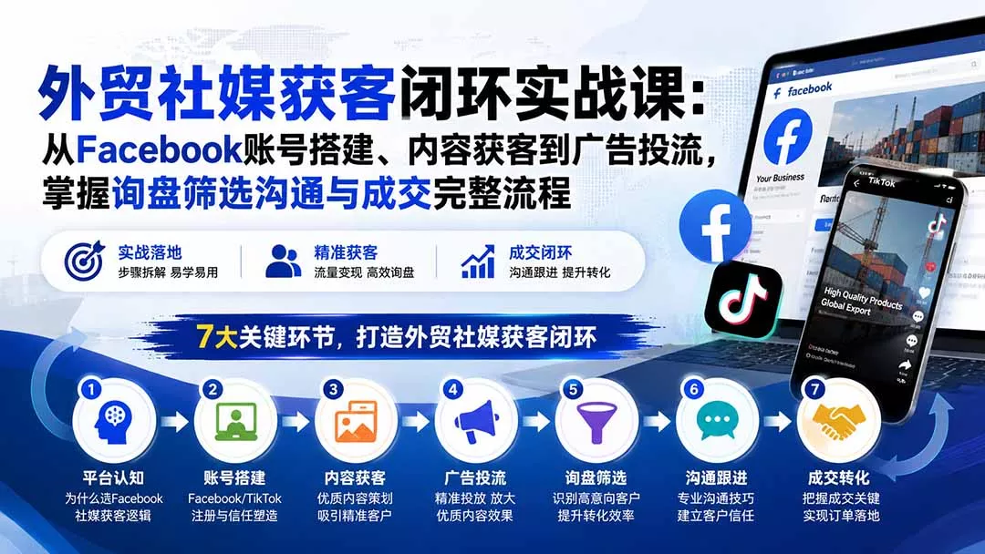 外贸社媒获客闭环实战课:从Facebook账号搭建、内容获客到广告投流,掌握询盘筛选沟通与成交完整流程祝你网--专注互联网创业.信息差副业研究拒绝割韭菜祝你网