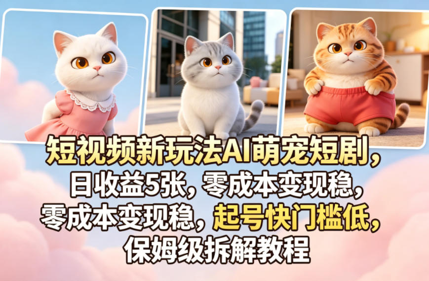 短视频新玩法AI萌宠短剧，日收益5张，零成本变现稳，起号快门槛低，保姆级拆解教程祝你网--专注互联网创业.信息差副业研究拒绝割韭菜祝你网