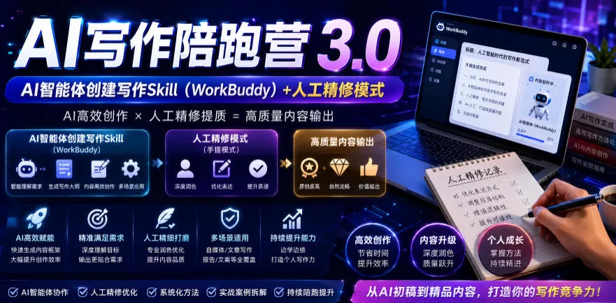 AI写作陪跑营3.0,Ai智能体创建写作skill(workbuddy)+人工手写模式(手搓模式),去除AI痕迹(头条号、公众号、百家号)(更新0806)祝你网--专注互联网创业.信息差副业研究拒绝割韭菜祝你网