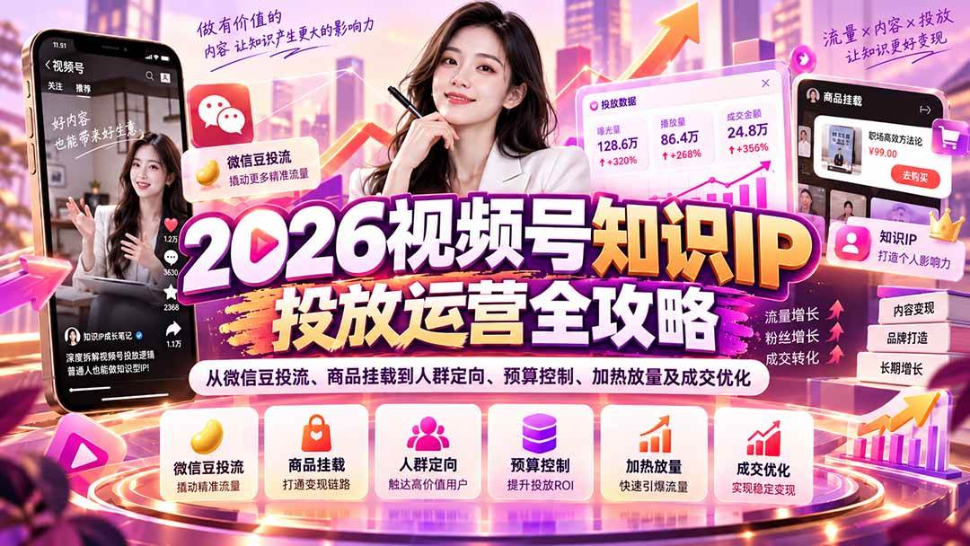 （20860期）2026视频号知识IP投放运营全攻略：从微信豆投流、商品挂载到人群定向、预算控制、加热放量及成交优化祝你网--专注互联网创业.信息差副业研究拒绝割韭菜祝你网