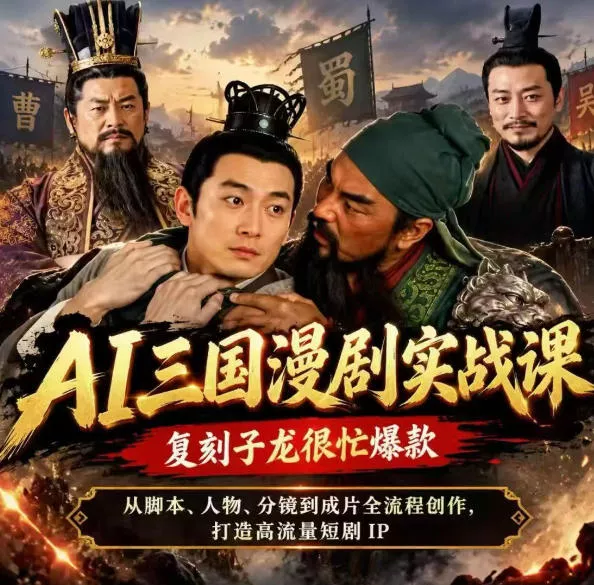 a3fe5f887ecec56c659b84bebc855e00.webp 抖音14W粉博主同款AI三国漫剧实战课,复刻子龙很忙爆款,从脚本、人物、分镜到成片全流程创作,打造高流量短剧IP