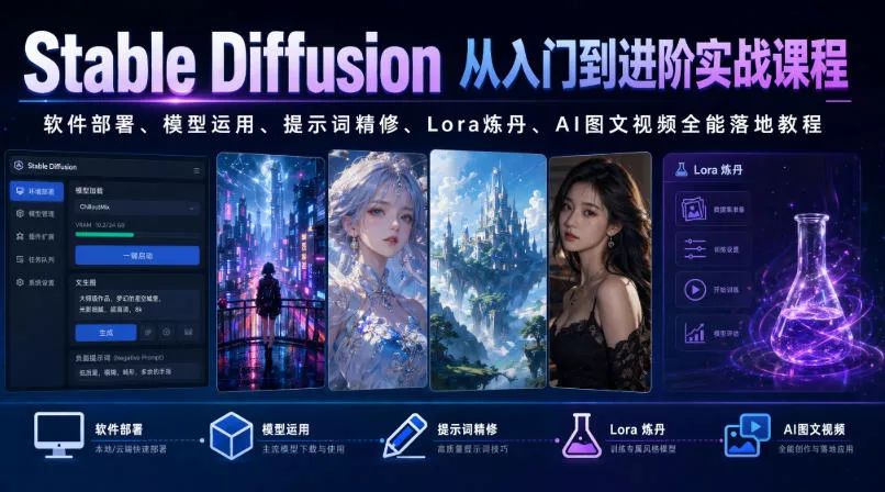 Stable Diffusion从入门到进阶实战课程|软件部署、模型运用、提示词精修、Lora炼丹、AI图文视频全能落地教程祝你网--专注互联网创业.信息差副业研究拒绝割韭菜祝你网