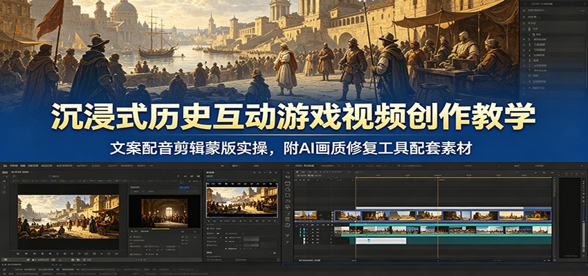 a444178d9a162f635ad9c4467af5969c.jpeg 沉浸式历史互动游戏视频创作教学:文案配音剪辑蒙版实操,附AI画质修复工具配套素材
