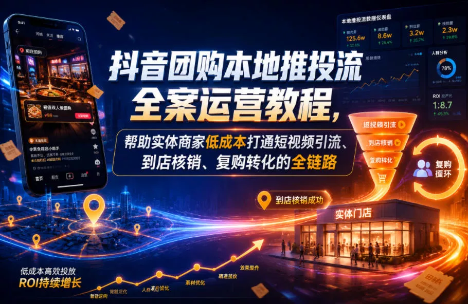 抖音团购本地推投流全案运营教程，帮助实体商家低成本打通短视频引流、到店核销、复购转化的全链路祝你网--专注互联网创业.信息差副业研究拒绝割韭菜祝你网