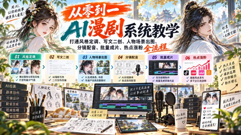 从零到一AI漫剧系统教学,打通风格定调、写文二创、人物场景出图、分镜配音、批量成片、热点涨粉全流程祝你网--专注互联网创业.信息差副业研究拒绝割韭菜祝你网