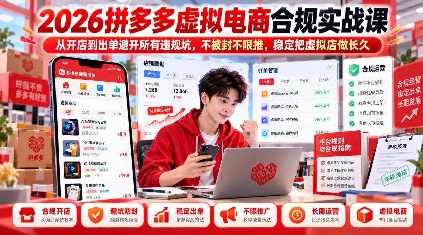 a49e4761b7d1fed2bc3462cb17703721.webp 2026拼多多虚拟电商合规实战课,从开店到出单避开所有违规坑,不被封不限推,稳定把虚拟店做长久