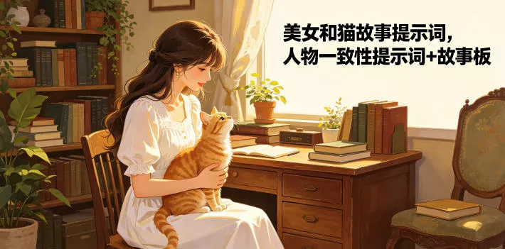 美女和猫故事提示词,人物一致性提示词+故事板祝你网--专注互联网创业.信息差副业研究拒绝割韭菜祝你网