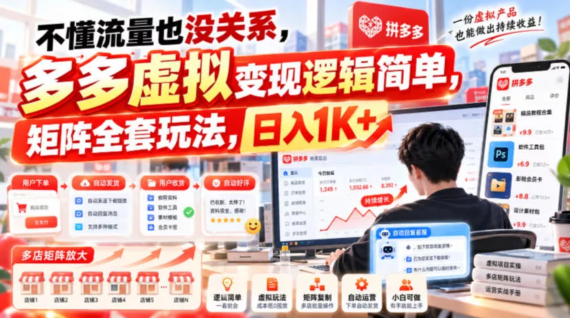 不懂流量也没关系,多多虚拟变现逻辑简单,矩阵全套玩法,日入1K+【揭秘】祝你网--专注互联网创业.信息差副业研究拒绝割韭菜祝你网