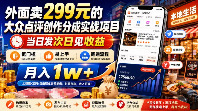 a4c5770cc83198d5e299e9f3a174ae76.webp 外面卖299元的大众点评创作分成实战项目,当日发次日见收益,低门槛易上手,跑通流程月入1w+