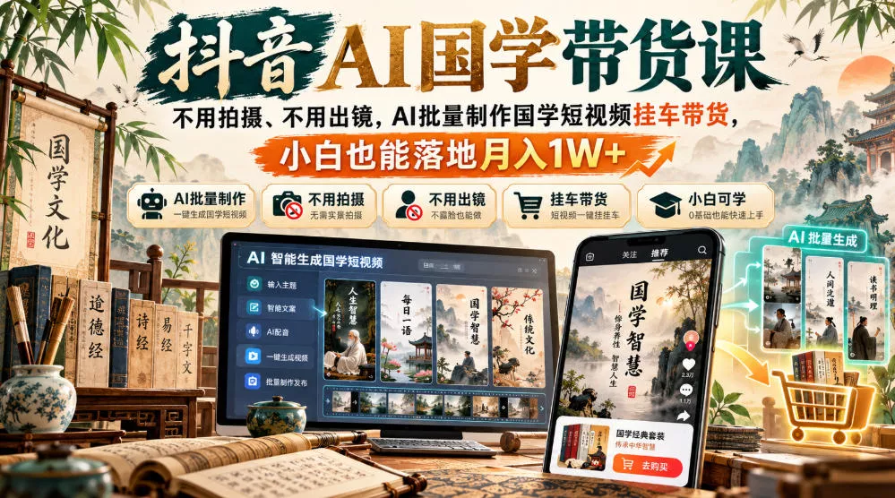 a51cb0bbd112c0329dbf6e5bf1db7a41.webp 抖音AI国学带货课,不用拍摄、不用出镜,AI批量制作国学短视频挂车带货,小白也能落地月入1W+