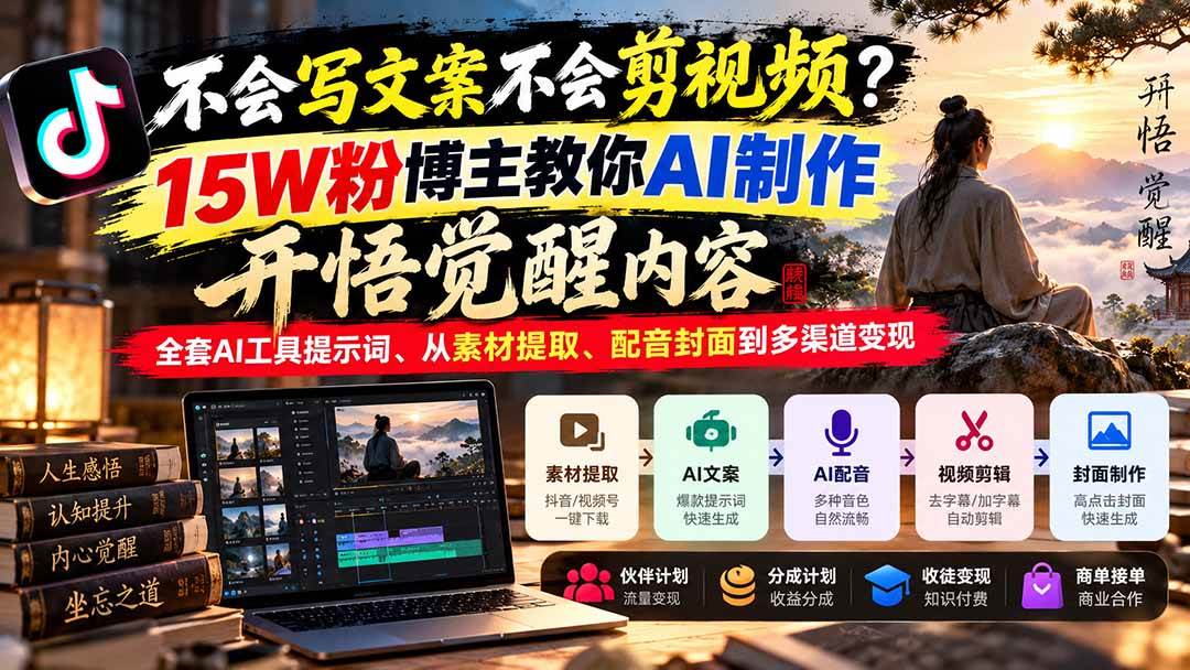 a5496098af4d8d28c021c33b7a5c82ac.jpeg (21085期)不会写文案不会剪视频?15W粉博主教你AI制作开悟觉醒内容,全套AI工具提示词、从素材提取、配音封面到多渠道变现
