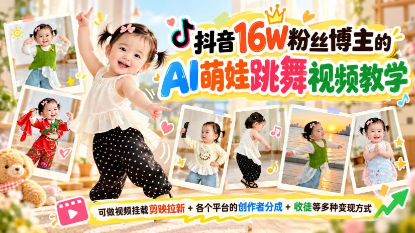 a55f01669576aaf7253b6427b9e8a895.webp 抖音16W粉丝博主的AI萌娃跳舞视频教学,可做视频挂载剪映拉新+各个平台的创作者分成+收徒等多种变现方式,单月1W+
