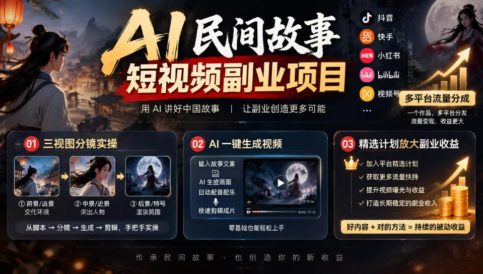 AI民间故事短视频副业项目，多平台流量分成，三视图分镜实操，精选计划放大副业收益祝你网--专注互联网创业.信息差副业研究拒绝割韭菜祝你网