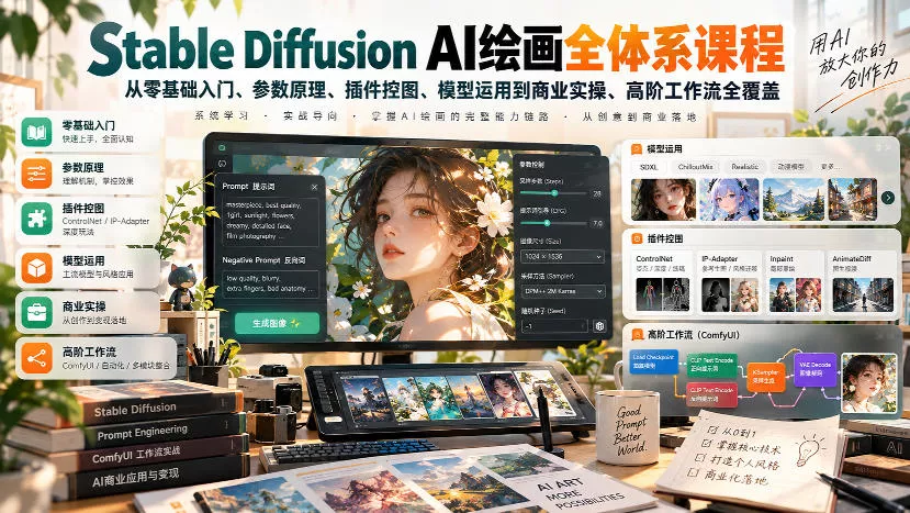 【无水印】Stable Diffusion AI绘画全体系课程，从零基础入门、参数原理、插件控图、模型运用到商业实操、高阶工作流全覆盖祝你网--专注互联网创业.信息差副业研究拒绝割韭菜祝你网