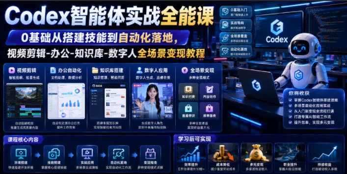 Codex智能体实战全能课|0基础从搭建技能到自动化落地,视频剪辑-办公-知识库-数字人全场景变现教程祝你网--专注互联网创业.信息差副业研究拒绝割韭菜祝你网