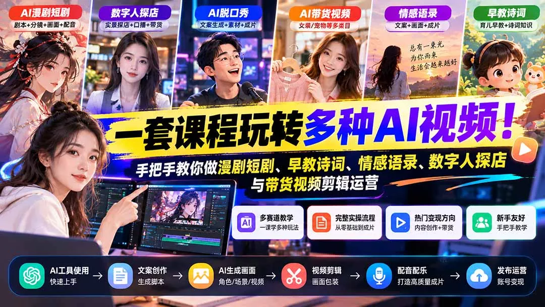 a623ebbf5cd5202d207aeaf5afeedd4f.webp 【无水印】一套课程玩转多种AI视频!手把手教你做漫剧短剧、早教诗词、情感语录、数字人探店与带货视频剪辑运营